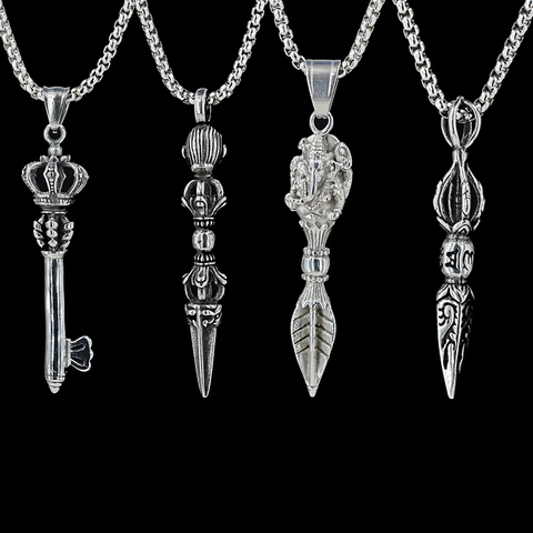 Vintage Titanium Steel Religious Pendant Necklace For Men Ganesha Vajra Phurba Crown Key Distressed Silver Gothic Jewelry