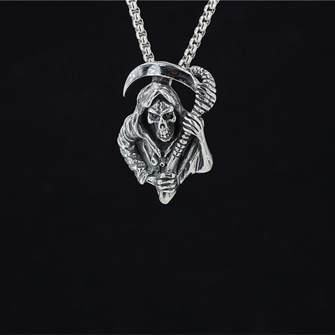Gothic Stainless Steel Grim Reaper Skull Scythe Pendant Necklace Blue Rhinestone Inlaid Antique Silver Punk Jewelry For Men Women