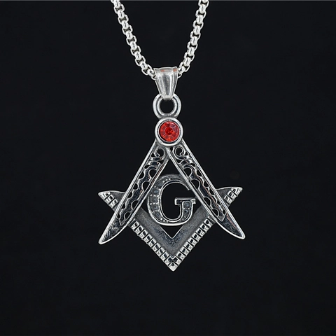 Vintage Stainless Steel Freemasonry Pendant Necklace For Men Red Rhinestone G Letter Square Compasses Distressed Hip Hop Jewelry