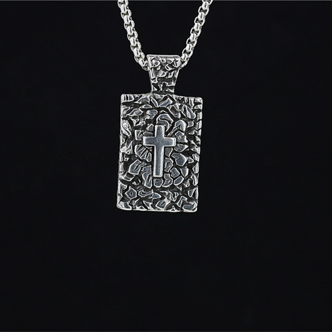 Collar Con Colgante de Cruz de Acero Inoxidable Vintage para Hombre Versículo Bíblico Grabado Etiqueta Rectangular Gótica Joyería Religiosa Regalo