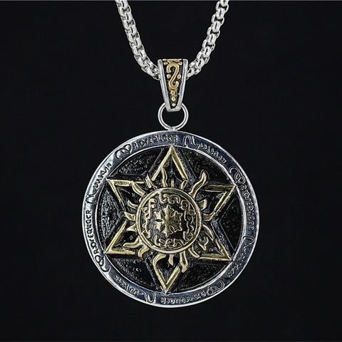 Vintage Titanium Steel Hexagram Pendant Necklace For Men Women Retro Sunburst Mystic Runes Round Medal Hip Hop Jewelry