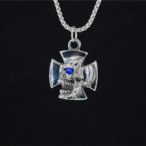 Pendentif de Crâne et Croix en Acier Inoxydable Punk Collier Strass Bleu Incrusté Bijoux Gothiques Rock Vintage Homme