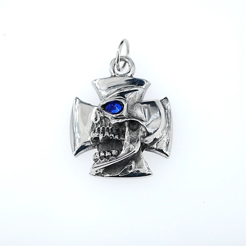 Pendentif de Crâne et Croix en Acier Inoxydable Punk Collier Strass Bleu Incrusté Bijoux Gothiques Rock Vintage Homme