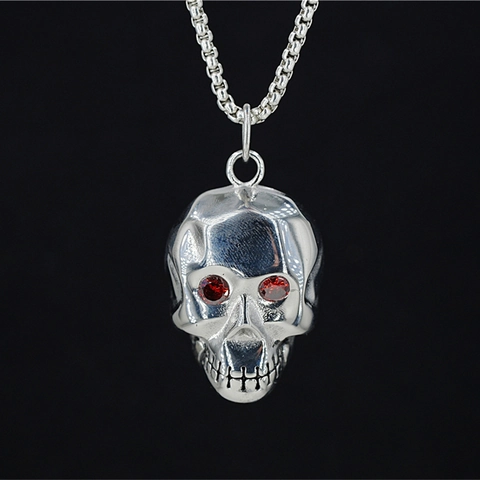 Vintage Punk Gothic Titanium Steel Skull Pendant Necklace With Red Rhinestones Eyes For Men Women Jewelry Hip Hop Gift