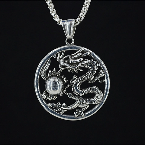 Collana con Ciondolo a Forma di Dragone in Acciaio Inossidabile Retro Stile Cinese Rotondo Ciondolo Vintage Hip Hop Uomo Donna