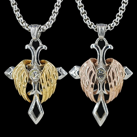 Vintage Titaniumstaal Kruis Engelenvleugels Hanger Halsketting Ingelegde Strass Voor Mannen Vrouwen Gothic Punk Sieraden