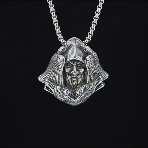 Retro Norse Viking Odin Portrait Pendant Necklace For Men Stainless Steel Double Wolf Raven Wing Hip Hop Street Jewelry