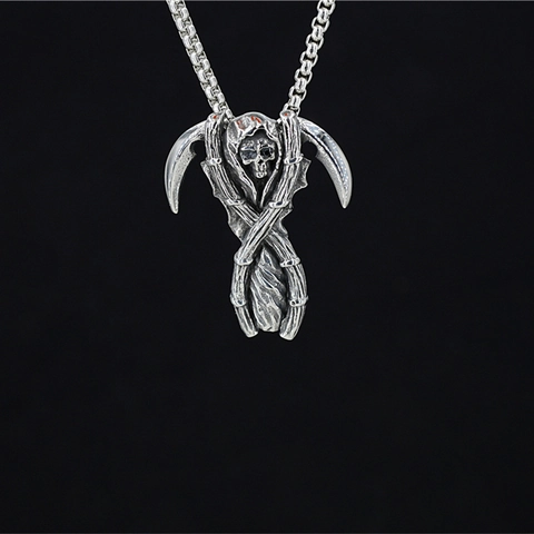 Gothic Punk Sensenmann Anhänger Halskette Vintage Edelstahl Doppelsense Totenkopf Charm Kette Für Herren Biker Schmuck