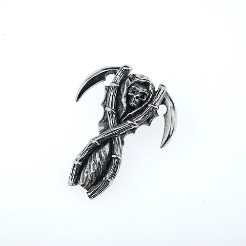 Gothic Punk Sensenmann Anhänger Halskette Vintage Edelstahl Doppelsense Totenkopf Charm Kette Für Herren Biker Schmuck
