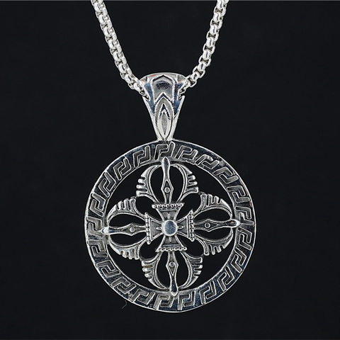 Retro Titanium Steel Round Hollow Cross Vajra Pendant Necklace Greek Key Pattern Vintage Hip Hop Jewelry For Men Women
