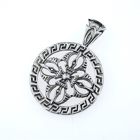 Retro Titanium Steel Round Hollow Cross Vajra Pendant Necklace Greek Key Pattern Vintage Hip Hop Jewelry For Men Women