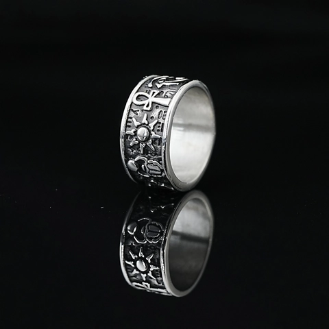 Vintage Egyptian Eye Of Horus Ankh Cross Titanium Steel Ring For Men Women Retro Oxidized Relief Band Fashion Jewelry Gift