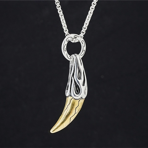 Vintage Stainless Steel Wolf Tooth Flame Pendant Necklace For Men Hip Hop Punk Gothic Hollow Streetwear Jewelry Accessory