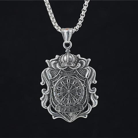 Collier Pendentif Bouclier de Fléchettes en Acier au Titane Rétro Argent Antique Hip Hop Punk Bijoux pour Hommes Sport