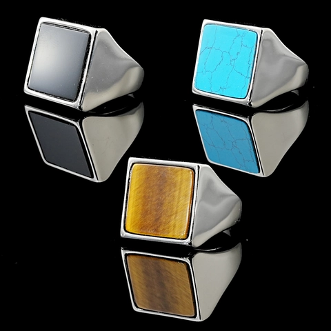 Vintage Titanstahl Quadratischer Siegelring Für Herren Türkis Tigerauge Schwarzer Achat Eingelegt Polierter Modeschmuck Ring