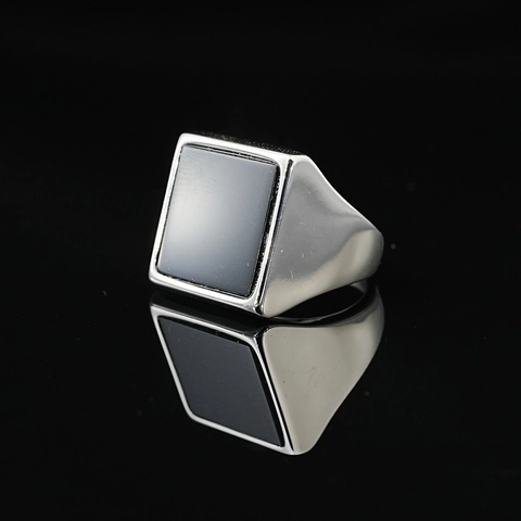 Vintage Titanstahl Quadratischer Siegelring Für Herren Türkis Tigerauge Schwarzer Achat Eingelegt Polierter Modeschmuck Ring