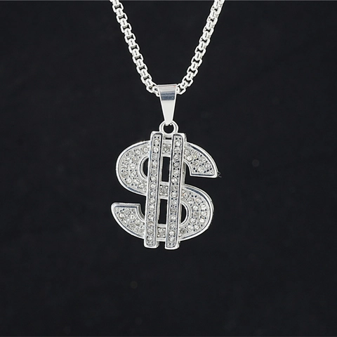 Hip Hop Dollar Sign Pendant Necklace Titanium Steel Rhinestone Money Symbol Gold Silver Pendant Necklace For Men Women Trendy Jewelry