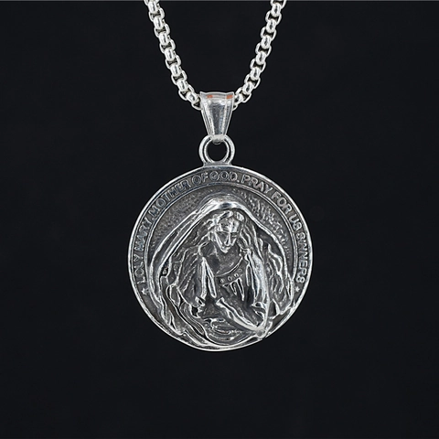 Vintage Roestvrij Staal Heilige Maria Reliëf Munt Hanger Ketting Religieus Gebed Gegraveerde Sieraden Voor Heren Dames