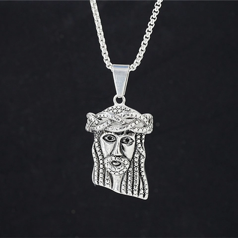 Collana in Acciaio Inossidabile con Ciondolo Testa di Gesù Vintage per Uomo Gioielli Religiosi Hip Hop con Strass Oro Argento