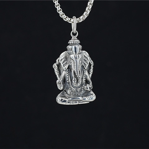 Vintage Stainless Steel Ganesha Pendant Necklace For Men Women Retro Silver Religious Lord Elephant God Jewelry Gift