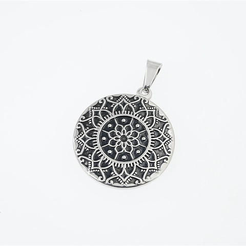 Retro Titanium Steel Mandala Lotus Pendant Necklace Ethnic Style Hip Hop Unisex Geometric Round Charm Jewelry For Daily Wear