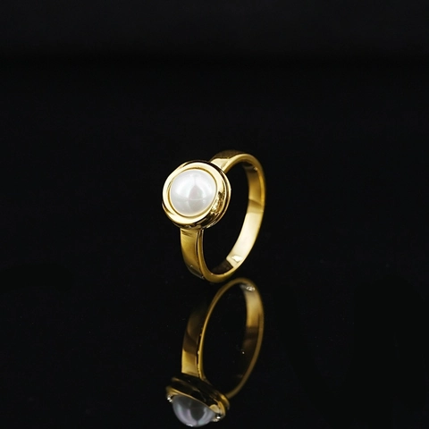 Vintage Stainless Steel Ring Round Turquoise Artificial Pearl Gemstone Gold Silver Plated Geometric Minimalist Unisex Jewelry Finger Ring