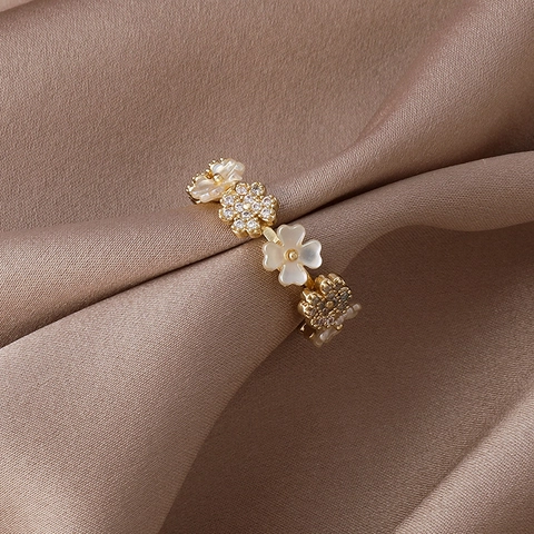 Anello Aperto a Fiore in Rame Stile Coreano per Donna Regolabile Oro Strass Intarsiato Anello di Moda Regalo Gioielli