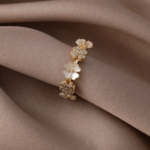 Anello Aperto a Fiore in Rame Stile Coreano per Donna Regolabile Oro Strass Intarsiato Anello di Moda Regalo Gioielli