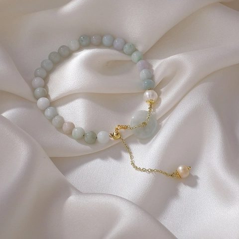 Chinese Style Ping'an Kou Jade Look Beaded Bracelet For Women Freshwater Pearl Adjustable Gold Plated Chain Jewelry Gift