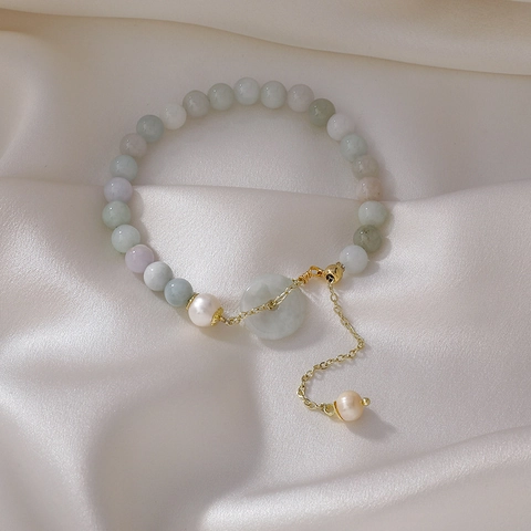 Chinese Style Ping'an Kou Jade Look Beaded Bracelet For Women Freshwater Pearl Adjustable Gold Plated Chain Jewelry Gift
