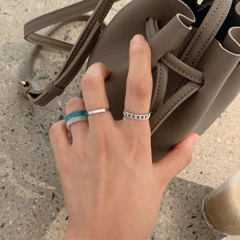4Pcs Set Acrylic Resin Rings For Women Minimalist Alloy Chain Geometric Finger Ring Marble Amber Pattern Korean Fashion Jewelry