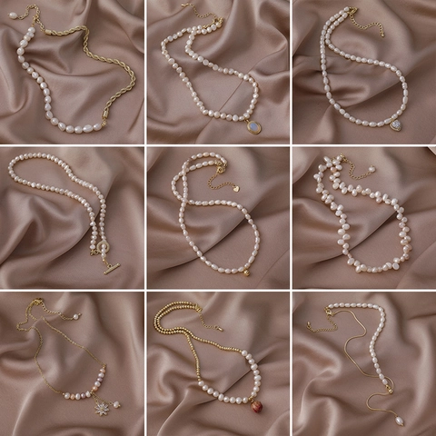 Vintage French Freshwater Pearl Necklace For Women Elegant Baroque Rhinestone Pendant Alloy Choker Jewelry Accessory Gift
