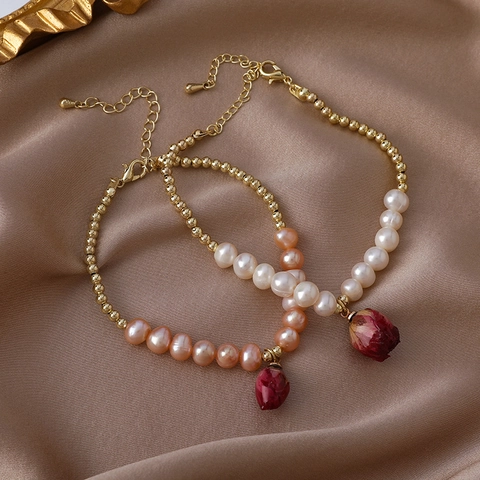 Vintage Handgefertigte Süßwasserperlen Halskette Armband Mit Echtem Trockenrosenknospen Anhänger Für Damen Elegantes Mori Schmuck