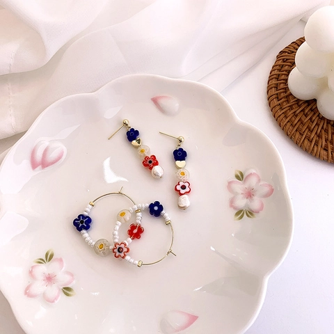 Pendientes Coreanos de Verano Flor de Vidrio Soplado de Colores Perla de Agua Dulce Pendientes de Aro Aleación Mujer