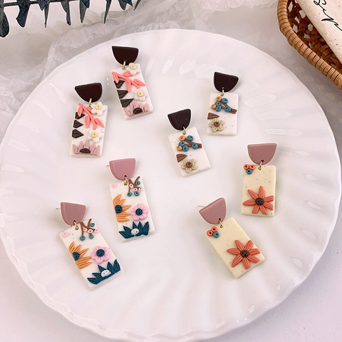 Vintage Polymer Clay Flower Drop Earrings Handmade 3D Floral Rectangular Ear Studs Pastoral Style Artistic Jewelry Women