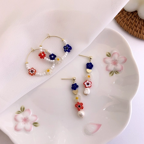 Pendientes Coreanos de Verano Flor de Vidrio Soplado de Colores Perla de Agua Dulce Pendientes de Aro Aleación Mujer