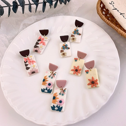 Vintage Polymer Clay Flower Drop Earrings Handmade 3D Floral Rectangular Ear Studs Pastoral Style Artistic Jewelry Women