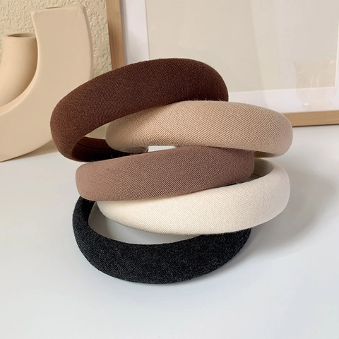 Women Thickened Sponge Headband Simple Solid Color Fabric Puffy Hair Band Retro Korean Style Wide Hair Hoop Lady Accessory