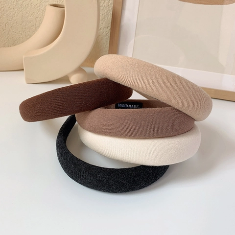 Women Thickened Sponge Headband Simple Solid Color Fabric Puffy Hair Band Retro Korean Style Wide Hair Hoop Lady Accessory