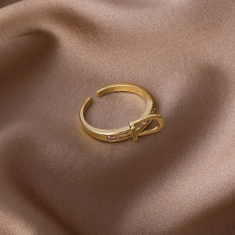 Korean Minimalist Gold Plated Copper Belt Buckle Ring For Women Micro Inlaid Rhinestone Adjustable Open Index Finger Ring Fashion Jewelry