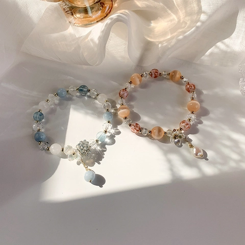 Korean Style Sweet Colorful Artificial Crystal Beaded Bracelet With Flower Shell Charm Woven Jewelry For Women Girls Gift
