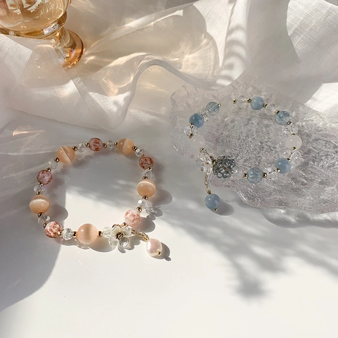 Korean Style Sweet Colorful Artificial Crystal Beaded Bracelet With Flower Shell Charm Woven Jewelry For Women Girls Gift