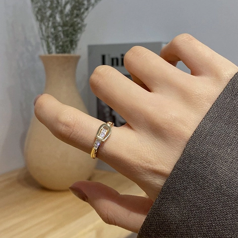 Korean Minimalist Gold Plated Copper Belt Buckle Ring For Women Micro Inlaid Rhinestone Adjustable Open Index Finger Ring Fashion Jewelry
