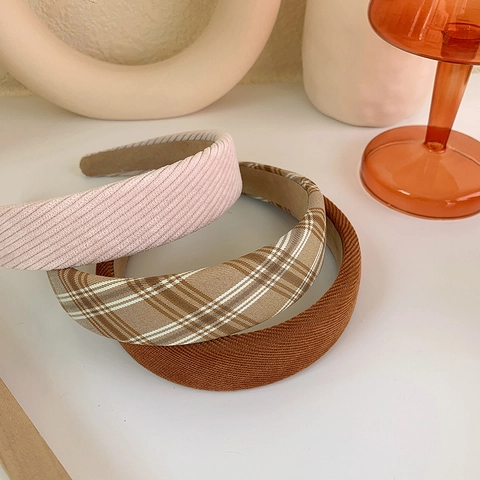 Vintage Academic Style Corduroy Fabric Padded Headband For Women Wide Plaid And Solid Ribbed Hair Hoop Daily Hair Accessories