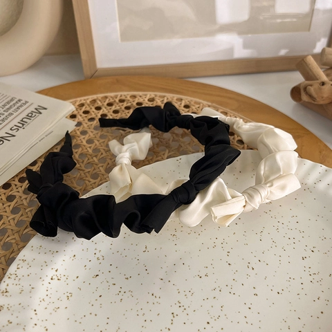 French Vintage Satin Pleated Bow Headband Elegant Solid Color Hair Hoop For Women Daily Hair Styling Accessories