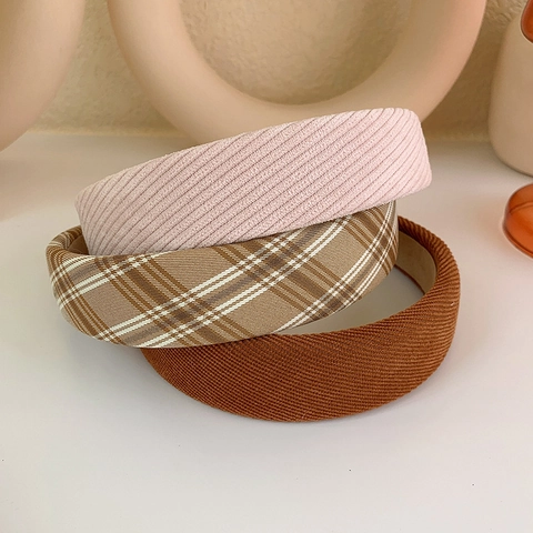 Vintage Academic Style Corduroy Fabric Padded Headband For Women Wide Plaid And Solid Ribbed Hair Hoop Daily Hair Accessories