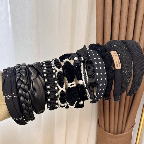 Elegant French Black Braided Headband For Women Artificial Pearl Bow Knot Padded Hair Band Daily Fashion Hair Accessories