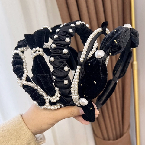 Elegant French Black Braided Headband For Women Artificial Pearl Bow Knot Padded Hair Band Daily Fashion Hair Accessories