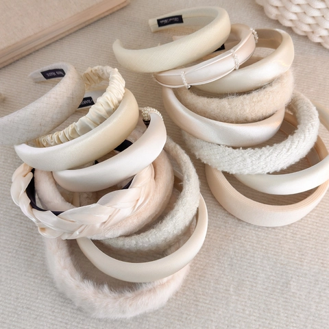 French Vintage Padded Headband For Women Cream Beige Satin Plush Pearl Handmade High Top Fashion Hair Band Accessory