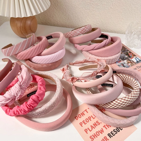 Diademas Acolchadas de Tela Rosa Dulce para Mujer Estilo Coreano Bandas para el Cabello Anchas Engrosadas Lazo Rejilla Niñas